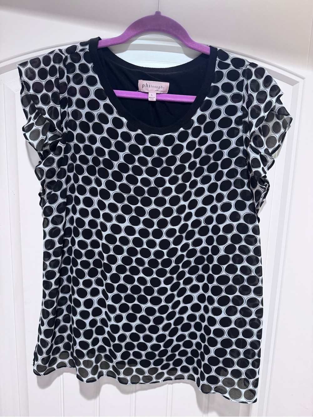 Philosophy Black and White Polka Dot Short Sleeve Top